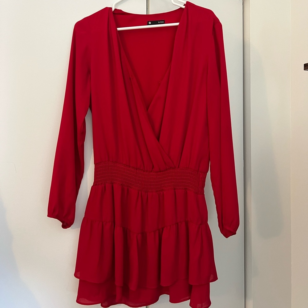 Krisa Smocked Surplice Dress in Red